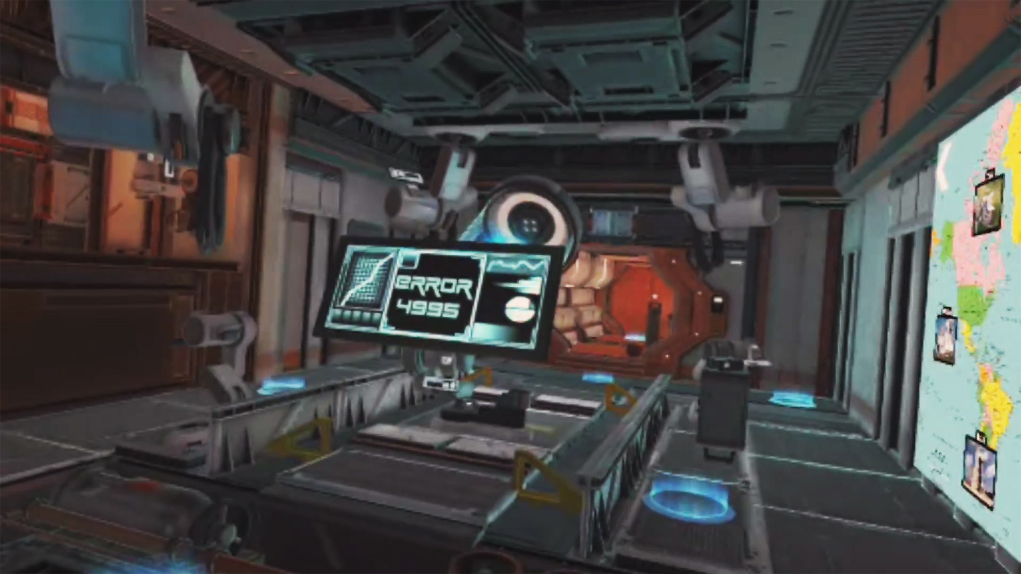 Control room scene with robotic arms and a central monitor flashing “ERROR 4995” beside a map wall.