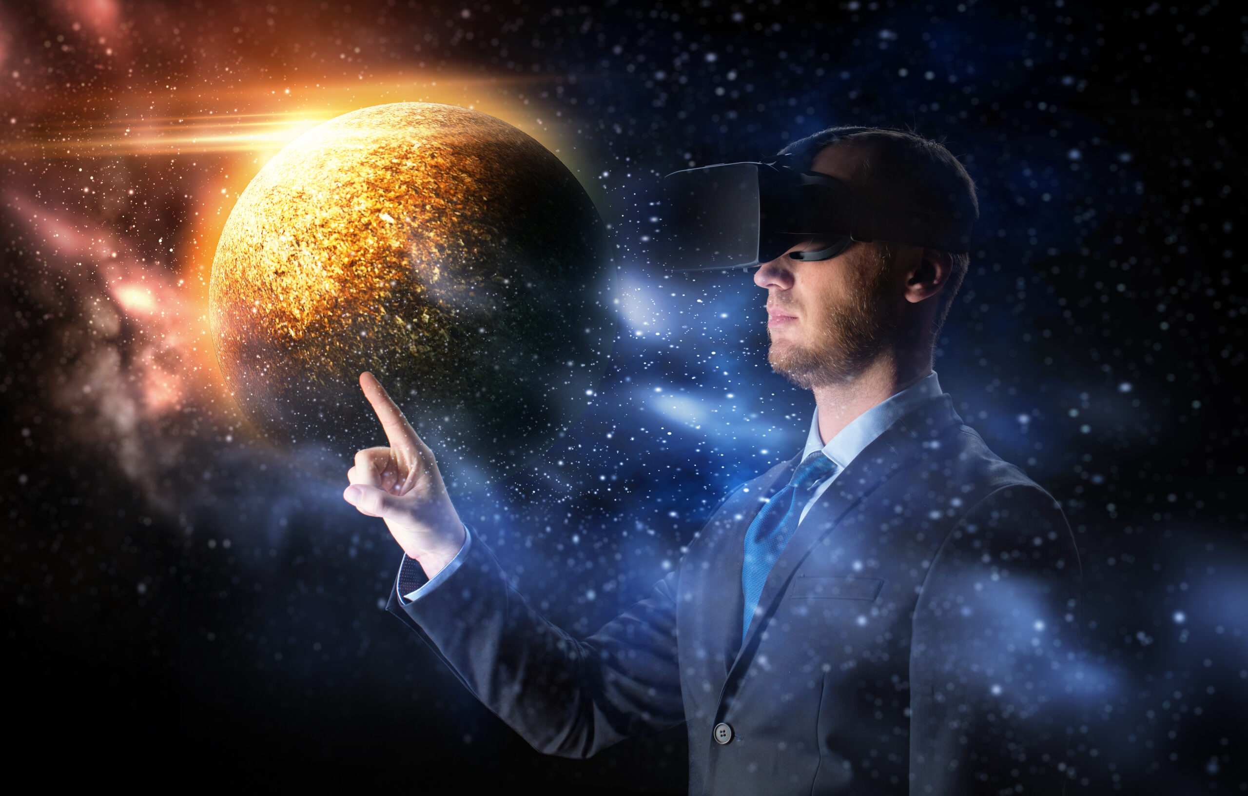 Artistic visual of a suited man in VR reaching toward a radiant planet in deep space.
