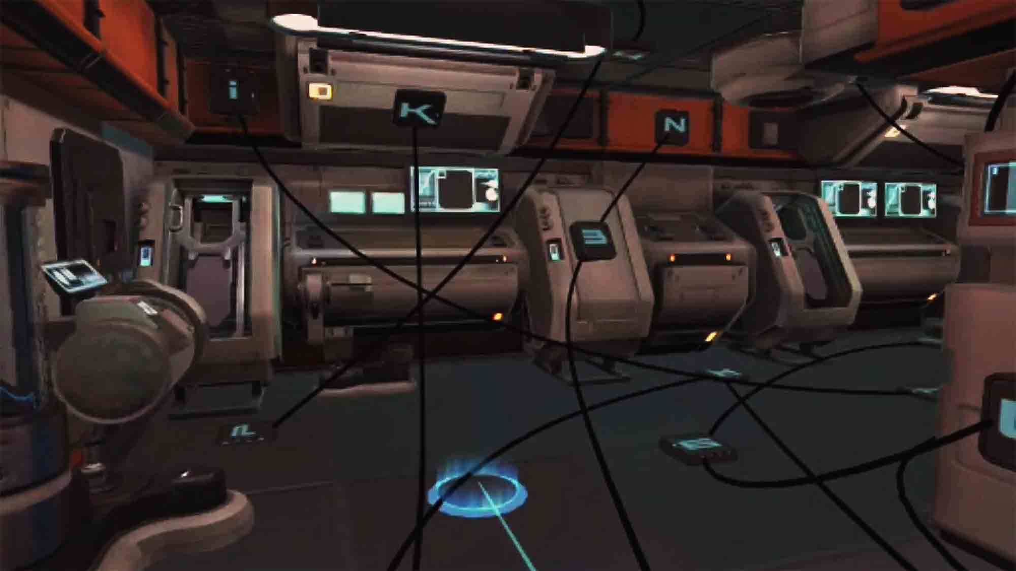 Long ship corridor lined with cryo-pods and blue floor beacons leading toward a sealed bulkhead.