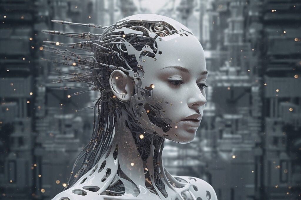 Futuristic female android head with intricate metallic circuitry against a sci-fi background.
