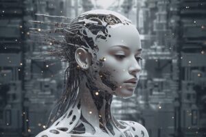 Futuristic female android head with intricate metallic circuitry against a sci-fi background.